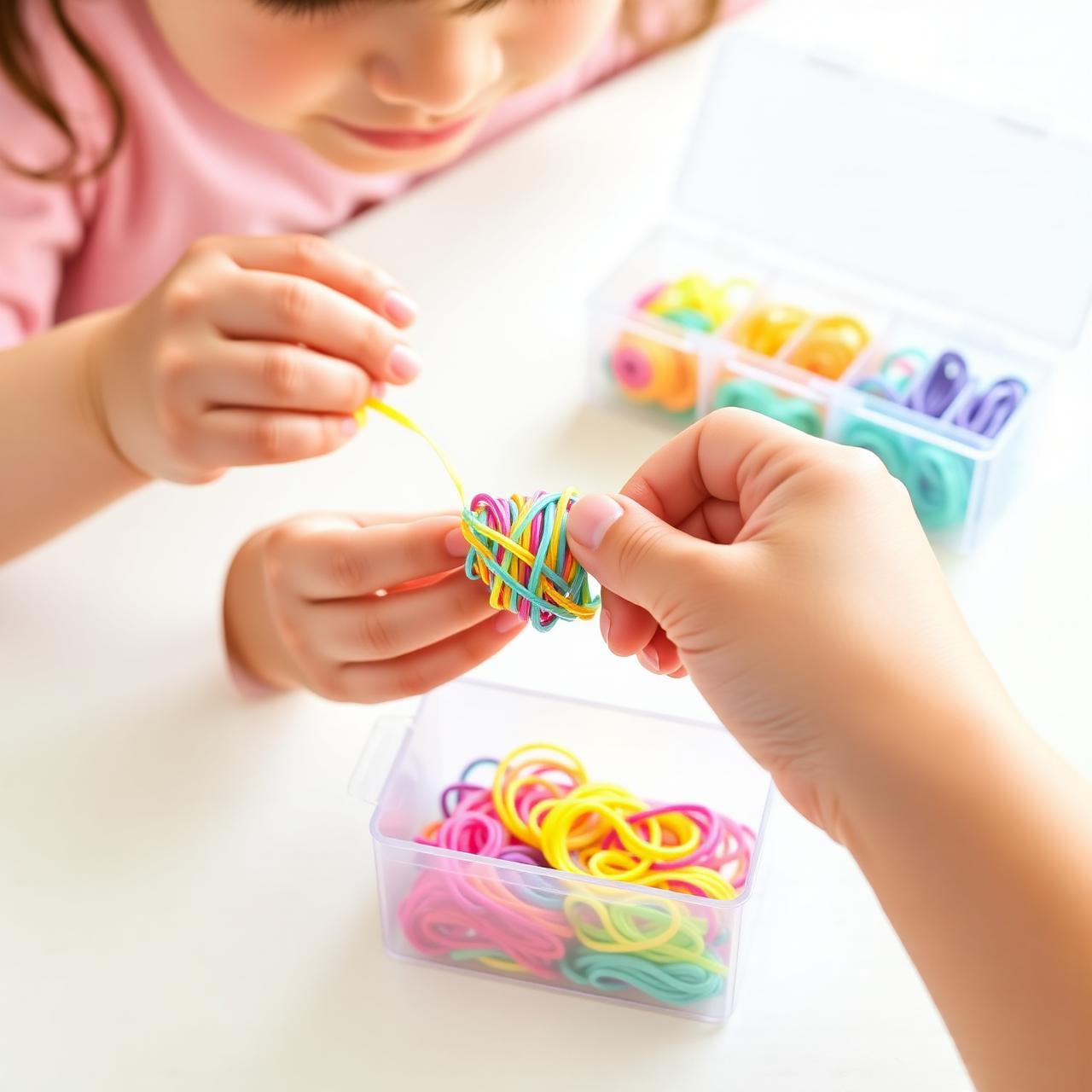 A child's hands making a colourful rubber band bracelet